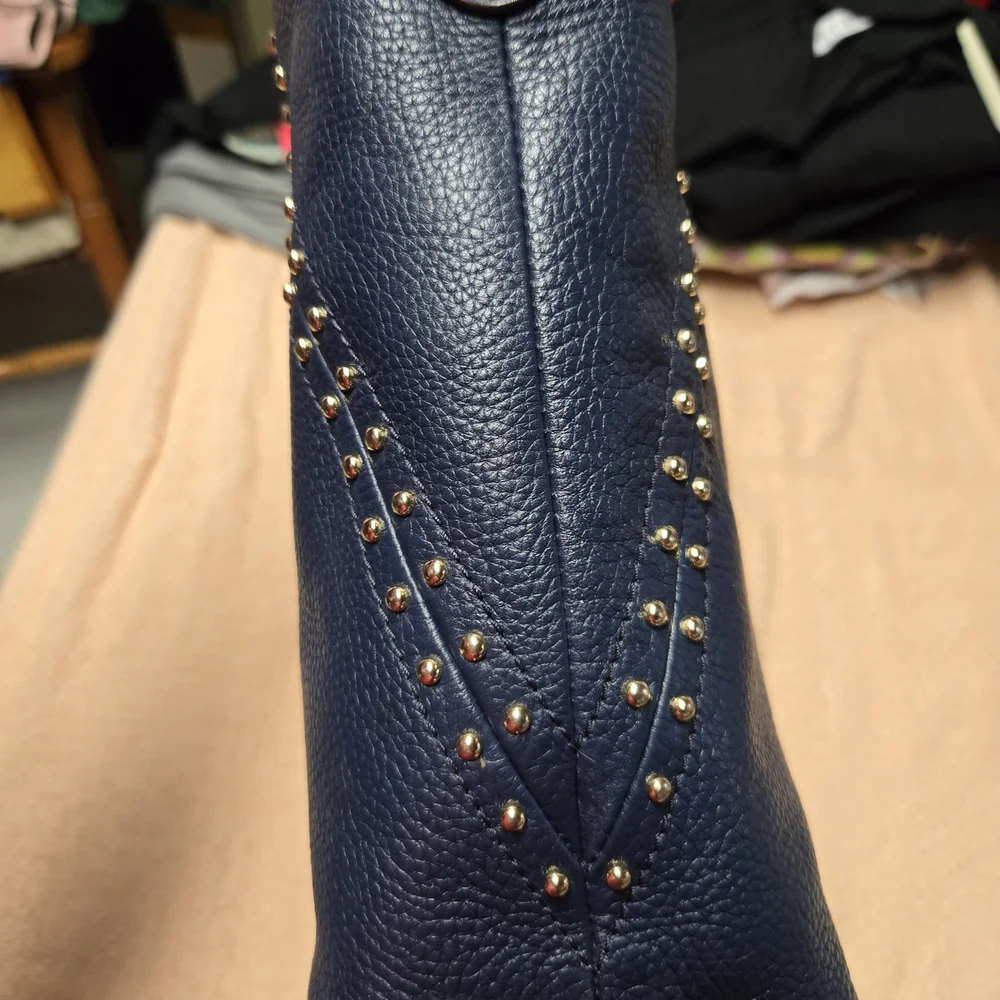 Michael Kors Navy Blue Leather Studded Shoulder Bag with Gold Hardware